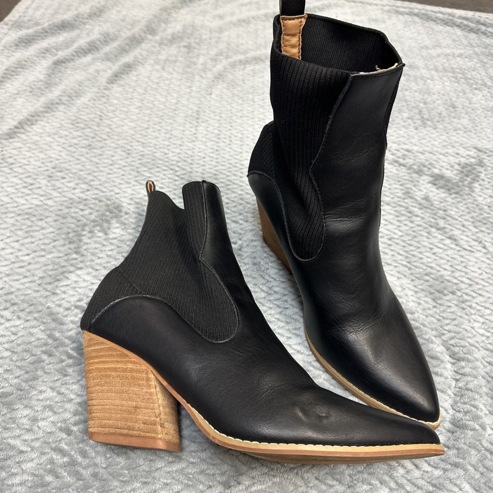 Oasis Society Booties Women's 9 Black Short Cowboy Boots Block Heel Pull On - Picture 2 of 8